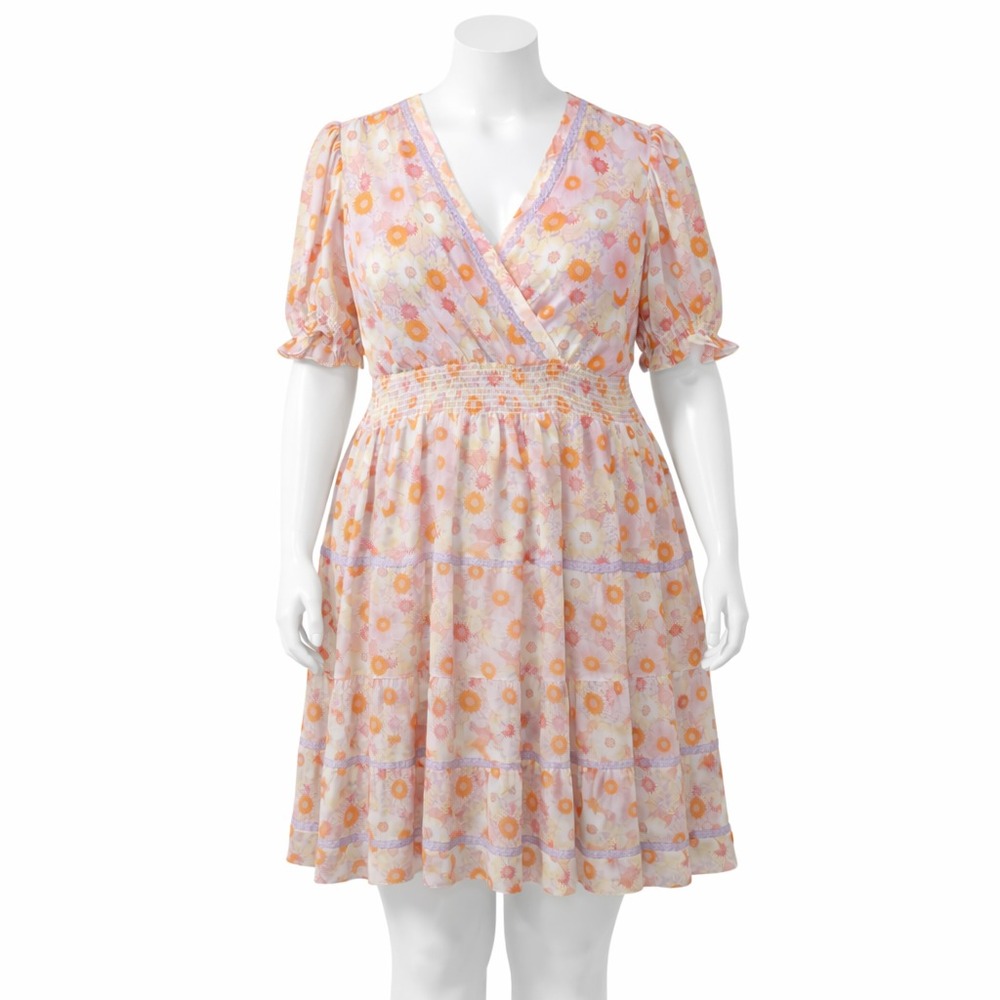 Taylor Boho Retro Floral Smocked Tiered Dress Size 14 Pink Orange Purple Lace